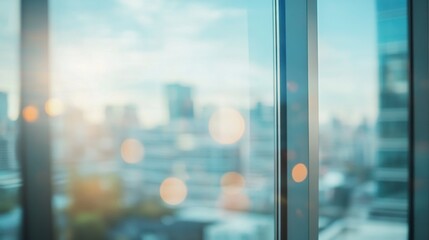 Wall Mural - a blurred view of a cityscape through a glass window, capturing light reflections.