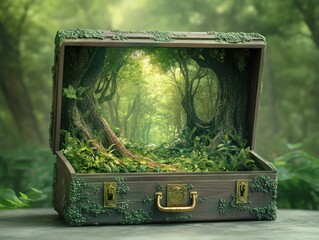Wall Mural - a wooden chest revealing a lush forest scene, blending nature with imagination.