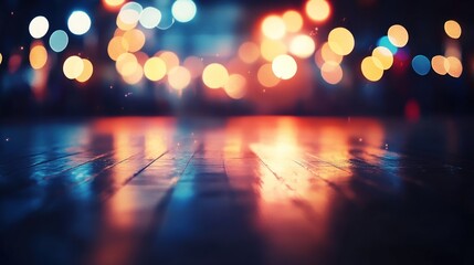 Wall Mural - a blurred night scene with colorful bokeh lights reflecting on a polished surface.