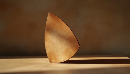 Poster - Abstract Wooden Shape on Table with Soft Light and Shadows, Ideal for Minimalist and Modern Design, Warm Tones Evoking Calmness and Serenity in Interior Spaces