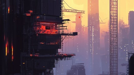 Wall Mural - a futuristic cityscape during sunset, showcasing towering buildings and construction elements.
