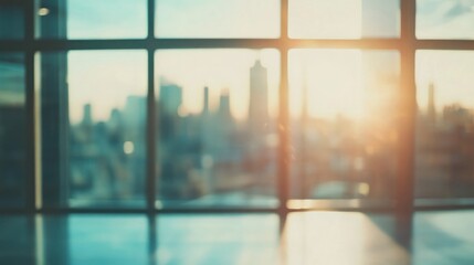 Wall Mural - a blurred view of a city skyline at sunset through large glass windows.