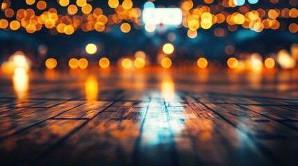 Wall Mural - a blurred wooden floor with soft, warm bokeh lights in the background, suggesting a festive atmosphe