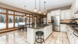 © BerkahStock - Modern kitchen with white cabinetry and large windows overlooking a snowy landscape.