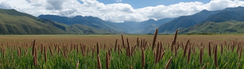 Wall Mural - Golden hour sunlight illuminates a serene field of tall, dry grass, creating peaceful natural landscape