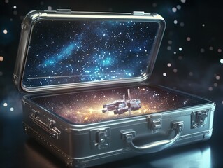 Wall Mural - a metallic suitcase reveals a cosmic scene with a spacecraft amidst a galaxy backdrop.