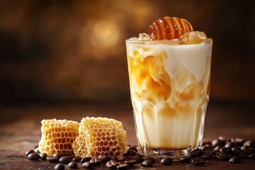 Wall Mural - A refreshing iced coffee drink with honey and coffee beans.