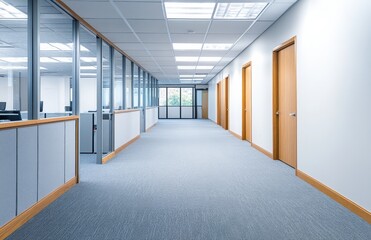 Poster - modern empty office hallway with natural light and clean aesthetic, featuring glass partitions and m
