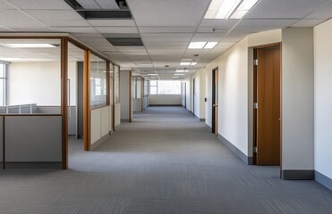 Poster - Modern Office Corridor with Natural Light and Empty Workspaces Highlighting Minimalist Design and Clean Lines for Professional Settings and Corporate Environments