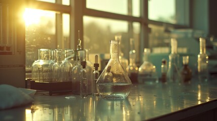 Wall Mural - glass beakers and flasks on a table, bathed in warm sunlight. ai generative. .
