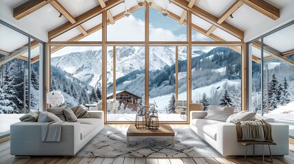 Poster - Modern chalet-style living room interior design with a vaulted ceiling, exposed wood beams, and floor-to-ceiling windows framing a snowy mountain view.