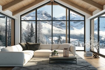 Poster - Modern chalet-style living room interior design with a vaulted ceiling, exposed wood beams, and floor-to-ceiling windows framing a snowy mountain view.
