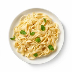 Wall Mural - Fettuccini Alfredo, Isolated on white background, flat lay