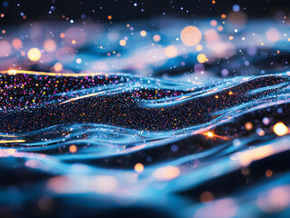 Poster - Flowing sparkles on water surface abstract art digital visuals nighttime setting close-up perspective aesthetic serenity