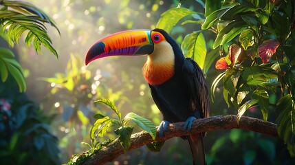 A colorful bird with a long beak is perched on a branch in a lush green forest