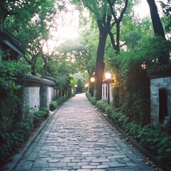 Naklejka na meble Serene Cobblestone Lane in a Lush Green Garden Setting