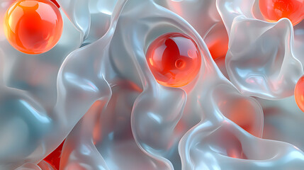 Poster - Dynamic interaction of red spheres in fluidic structure abstract art digital rendering vivid colors macro perspective visual concept