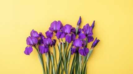 Poster - A bunch of purple irises arranged against a pastel yellow background, close-up shot, Minimalist style