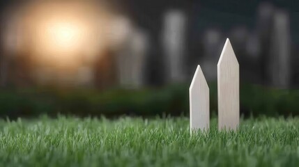 Two wooden stakes stand on vibrant green grass, illuminated by a soft background glow, suggesting a serene outdoor setting.