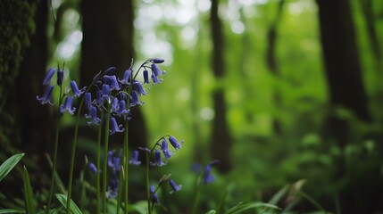 Poster - A cluster of bluebells in a forest clearing, medium shot, Minimalist style