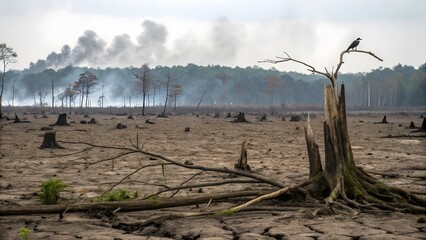 Wall Mural - Forest devastation and pollution crisis deforested land environmental impact dismal landscape wide angle view ecological deterioration