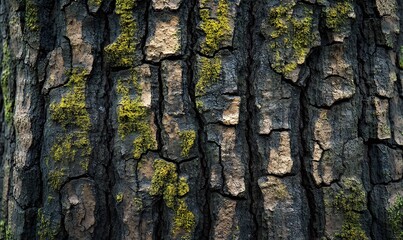 Close-up of tree bark texture with moss.