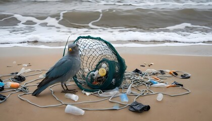 Poster - Pollution impact on marine life a seaside encounter with waste beach photography nature close-up environmental awareness