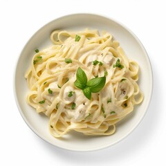 Wall Mural - Fettuccini Alfredo, Isolated on white background, flat lay