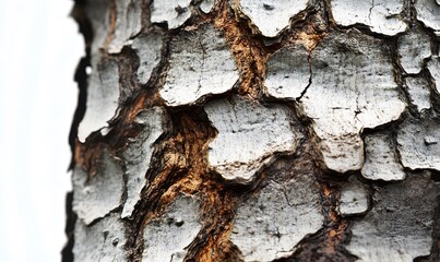 Close-up of tree bark texture with peeling, rough, and weathered patterns.