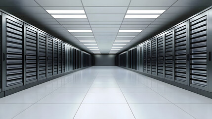 Poster - A sleek, modern server room featuring rows of servers along the walls, illuminated by bright overhead lights, emphasizing technology and connectivity