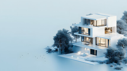 Poster - A modern, minimalist house surrounded by water and trees, featuring large windows and a serene, tranquil environment