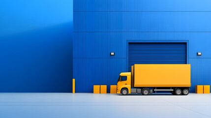 Poster - A bright yellow truck parked beside a blue warehouse, featuring stacked boxes and a closed loading dock door