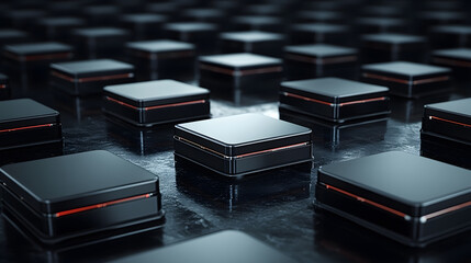 Poster - A close-up view of multiple black rectangular devices arranged in a grid pattern, featuring subtle red accents and a sleek, reflective surface