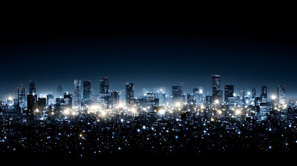 Poster - A panoramic view of a city skyline illuminated by bright lights against a dark sky, showcasing a vibrant urban landscape
