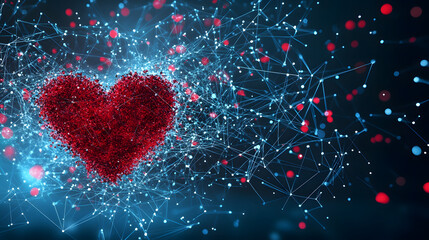 Leinwandbilder - A vibrant digital heart surrounded by glowing particles, representing love, connection, and technology in a modern, abstract style