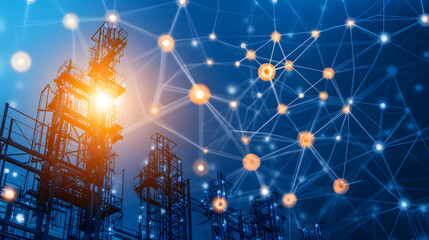 Poster - A digital artwork depicting industrial towers with a network of connections, illustrating the fusion of technology and energy