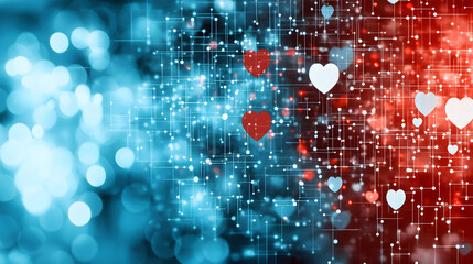 Poster - A vibrant digital abstract with blue and red hues, featuring hearts and sparkling elements, symbolizing love and connection
