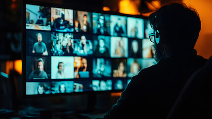 Poster - A person wearing headphones sits before a large monitor displaying numerous video feeds, likely involved in video editing, streaming, or remote collaboration.