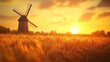 © Monchisa - Golden Wheat Field at Sunset with Windmill in Background