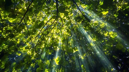 Wall Mural - Sunlight pouring through the leaves of a thick forest canopy, casting intricate patterns of light and shadow across the ground covered in vibrant moss 