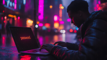Poster - A woman is typing on a laptop with the word 