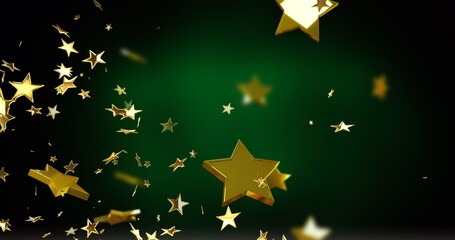 Image of christmas gold stars falling on green background