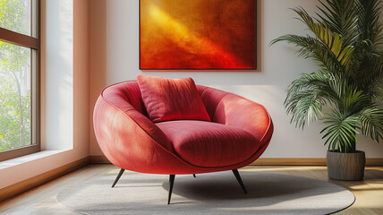 Poster - A red chair is sitting in front of a window with a potted plant