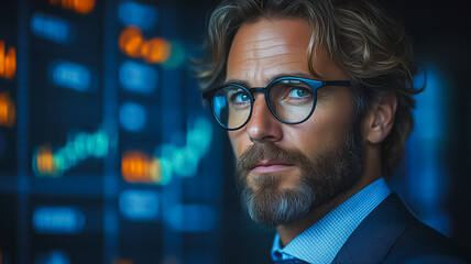 Wall Mural - A man with glasses and a beard is looking at a screen with a lot of numbers