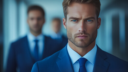 Poster - a man in a blue suit and tie stands in front of two other men