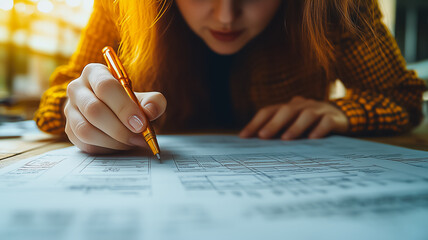 Poster - A woman is writing with a pen on a piece of paper