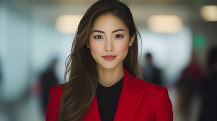 Poster - a woman in a red coat and black shirt is smiling