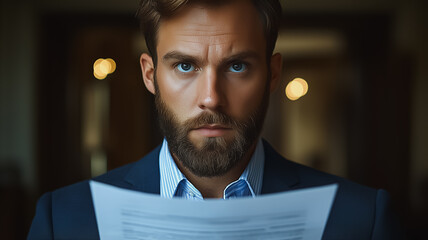 Poster - a man with a beard and blue suit is holding a piece of paper