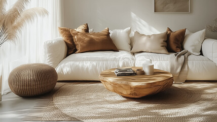 Sticker - A living room with a brown couch and white pillows