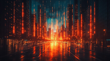 Aufkleber - A city street with a lot of lights and a lot of buildings. The lights are orange and the street is wet